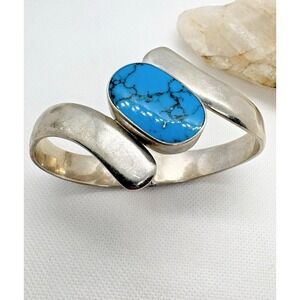 Vintage Mexican Sterling Silver Turquoise Hinged Cuff Bracelet 925 Modernist 59g